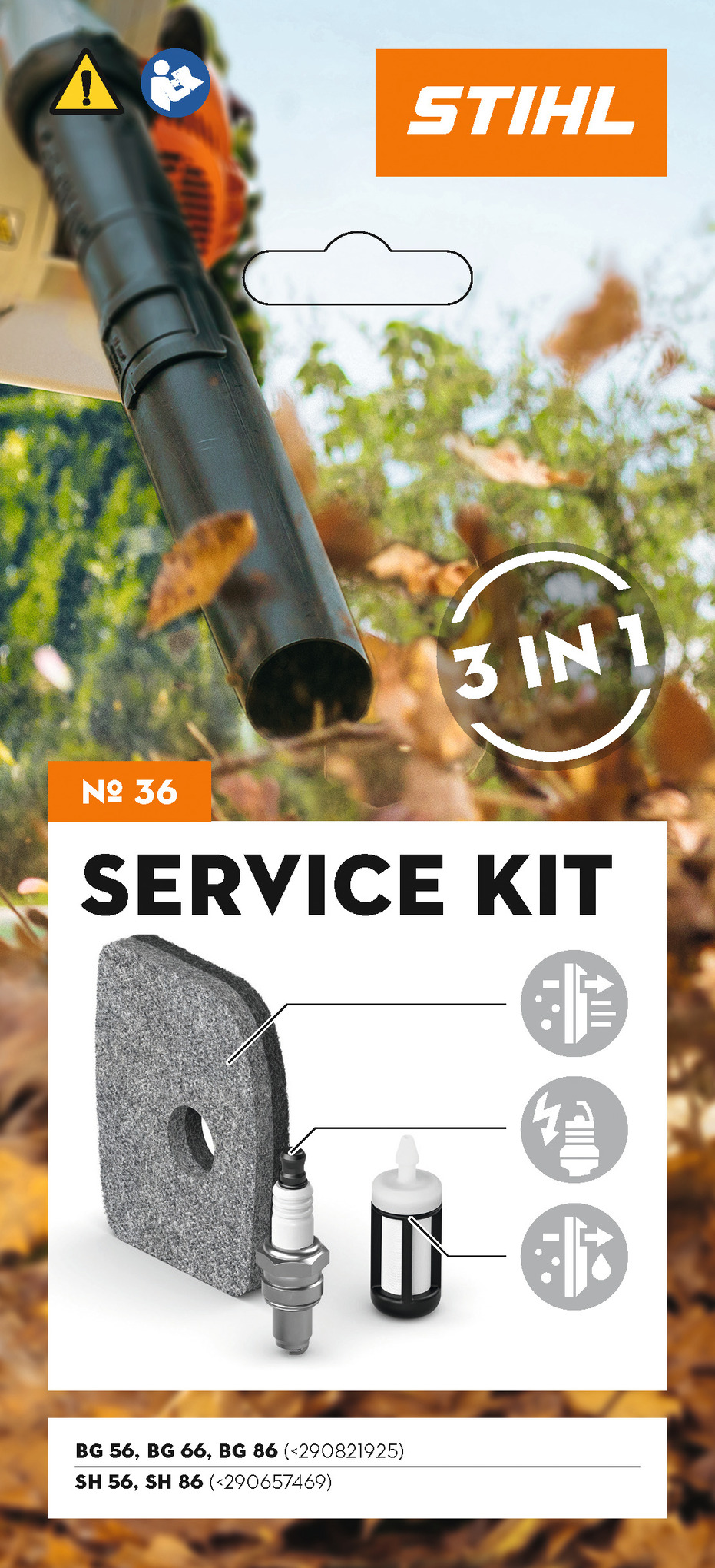 Werbeplakat für STIHL Service Kit 36 mit Darstellung von Laubbläser, Vliesfilter, Zündkerze und Kraftstofffilter