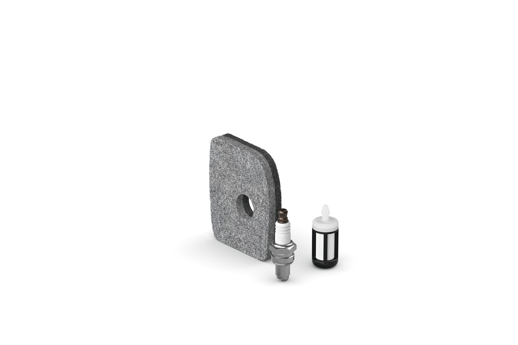 STIHL Service Kit 36 mit Vliesfilter, Zündkerze und Kraftstofffilter auf weißem Hintergrund