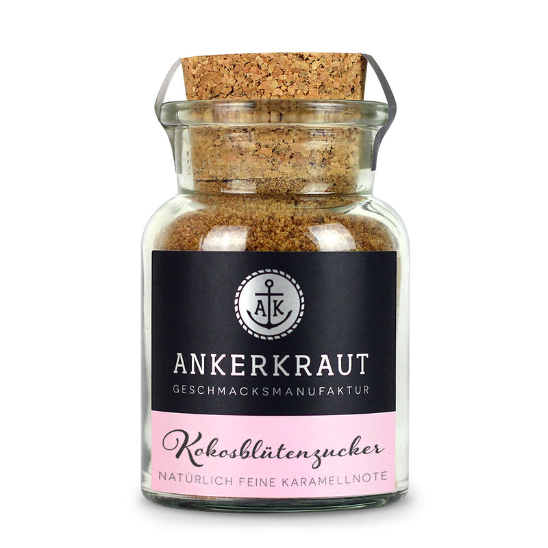 Glasflasche mit Ankerkraut Kokosblütenzucker und Korkdeckel