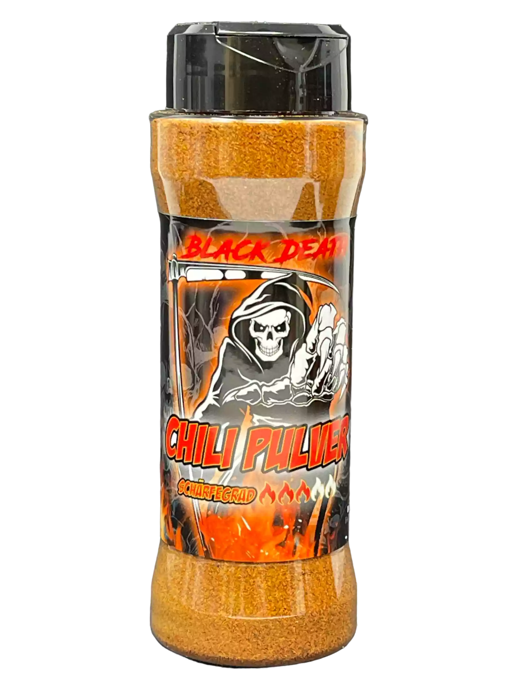 Streuer mit Black Death Chili Pulver und auffälligem Etikett mit Sensenmann und Flammen