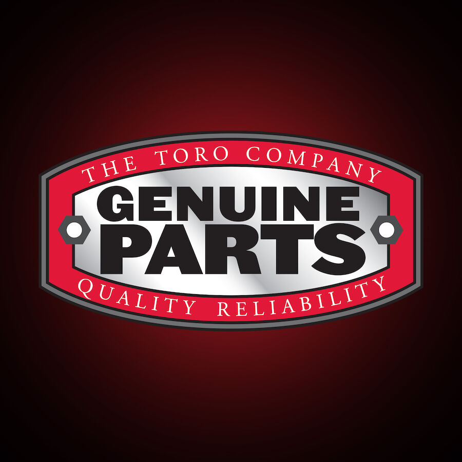 Logo von Toro Genuine Parts in Rot, Weiß und Schwarz auf dunkelrotem Hintergrund