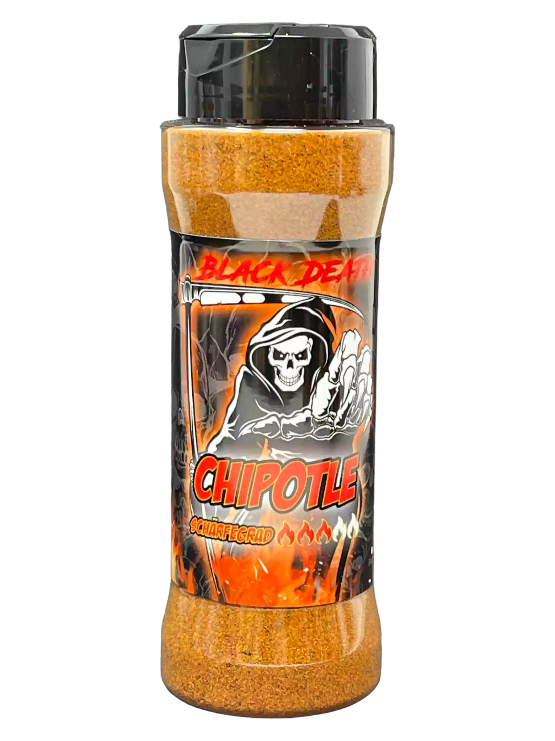 Gewürzflasche Black Death Chipotle mit Totenkopf und Flammen auf Etikett