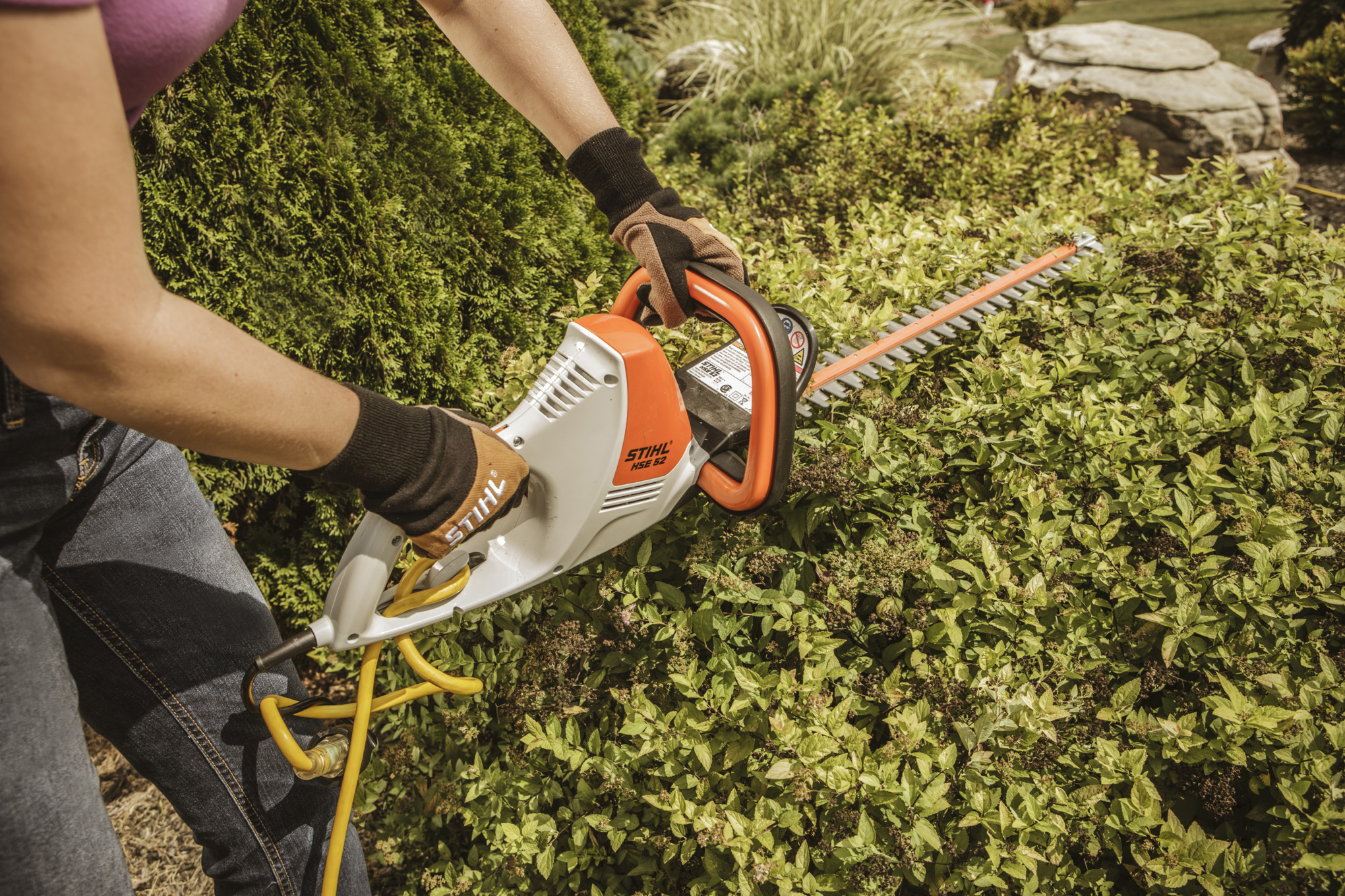Person verwendet STIHL elektrische Heckenschere im Garten