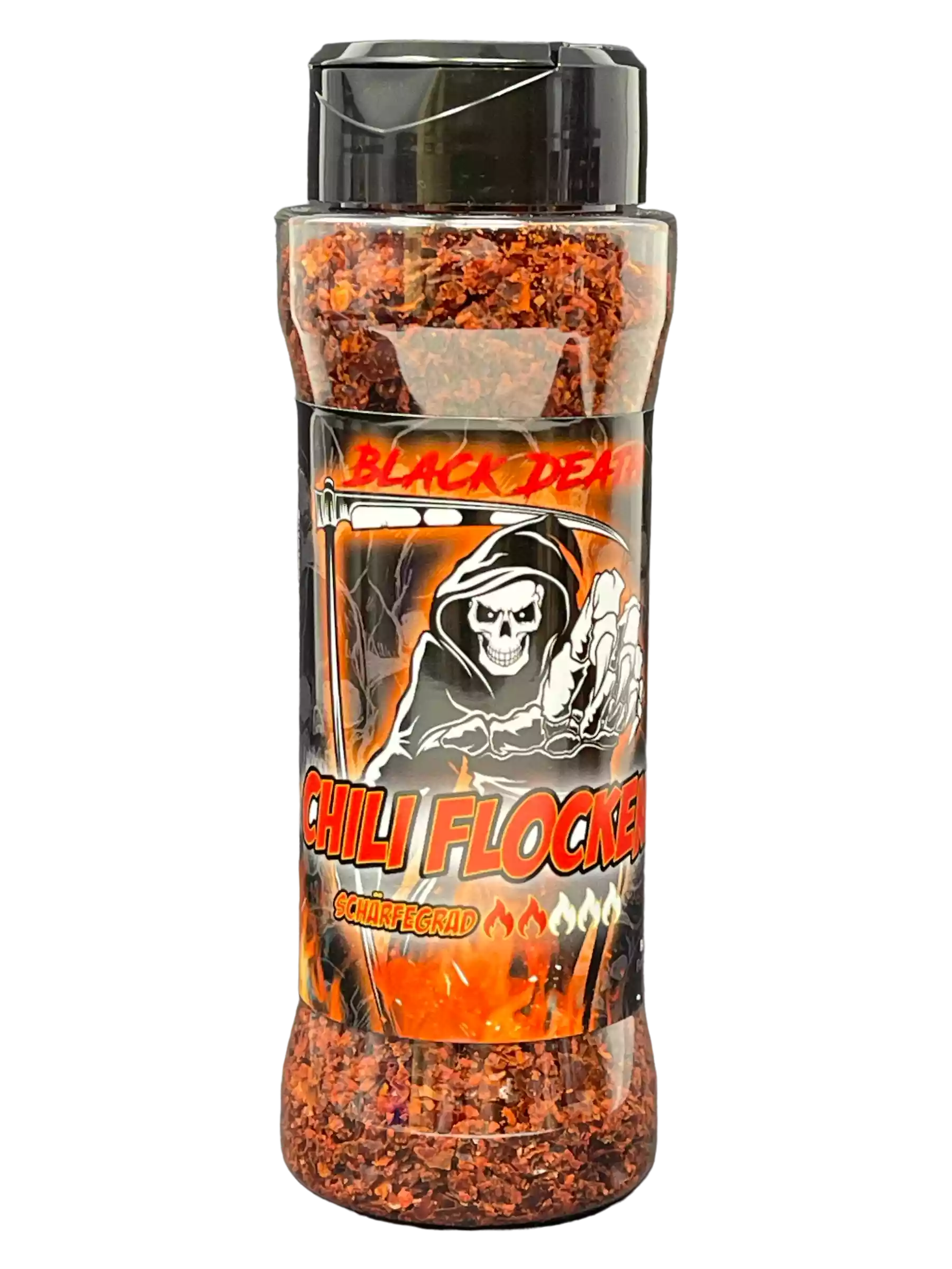 Transparenter Streuer mit roten Chili-Flocken und Totenkopf-Design