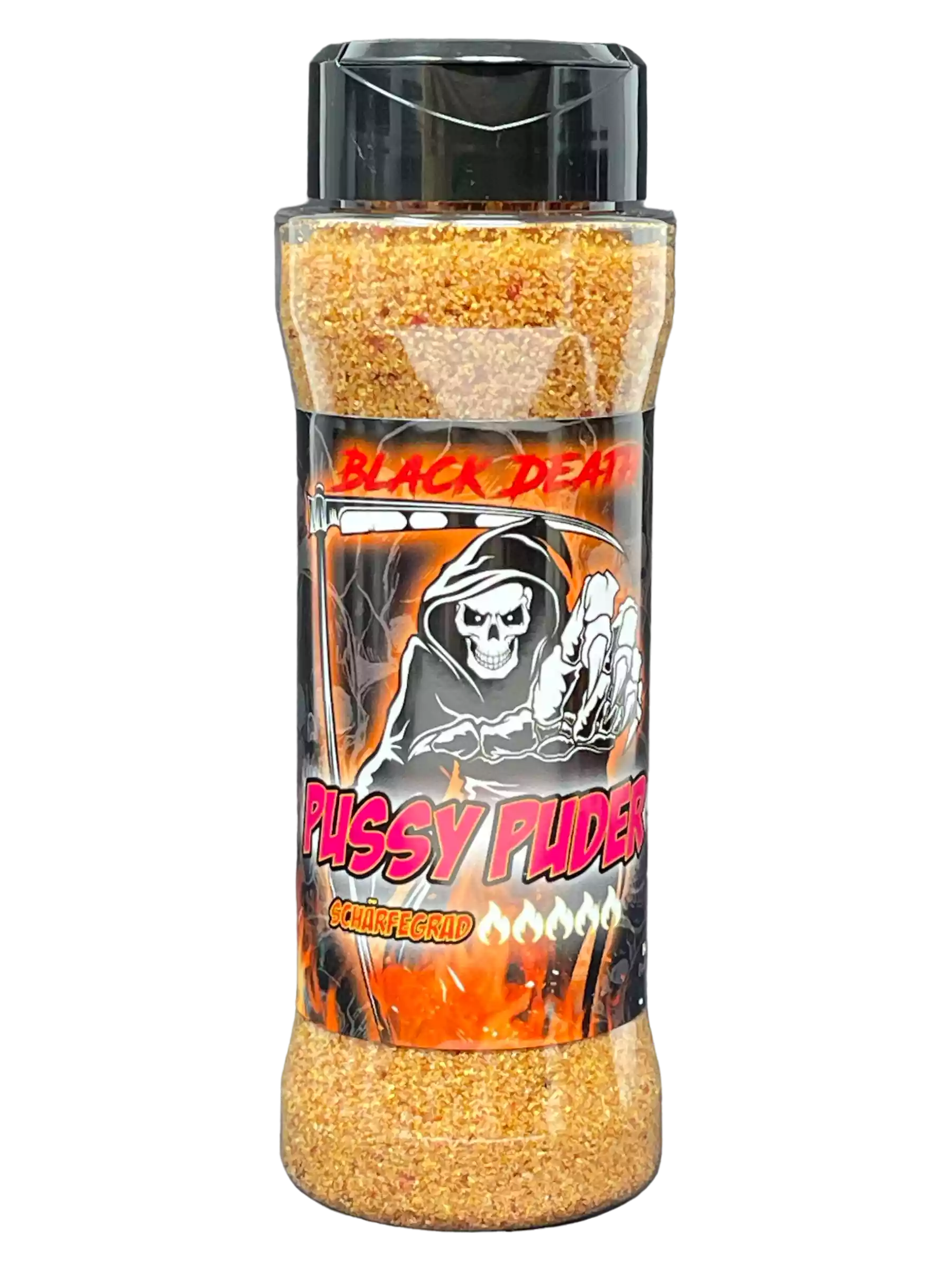 Gewürzstreuer mit mildem Black Death Pussy Puder, Skelett und Flammen auf Etikett