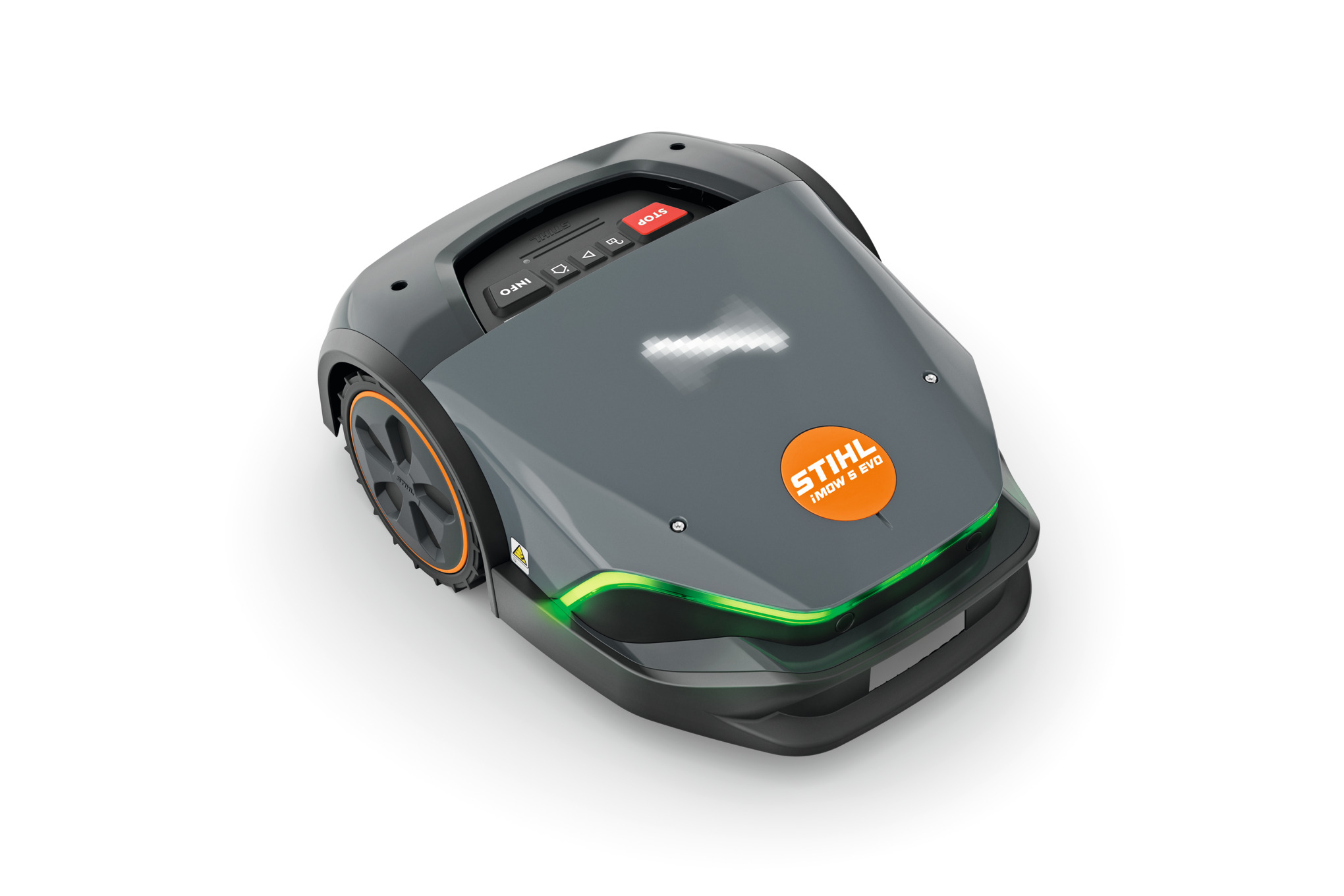 STIHL iMOW 5 EVO Mähroboter auf weißem Hintergrund mit Bedienfeld und Logo