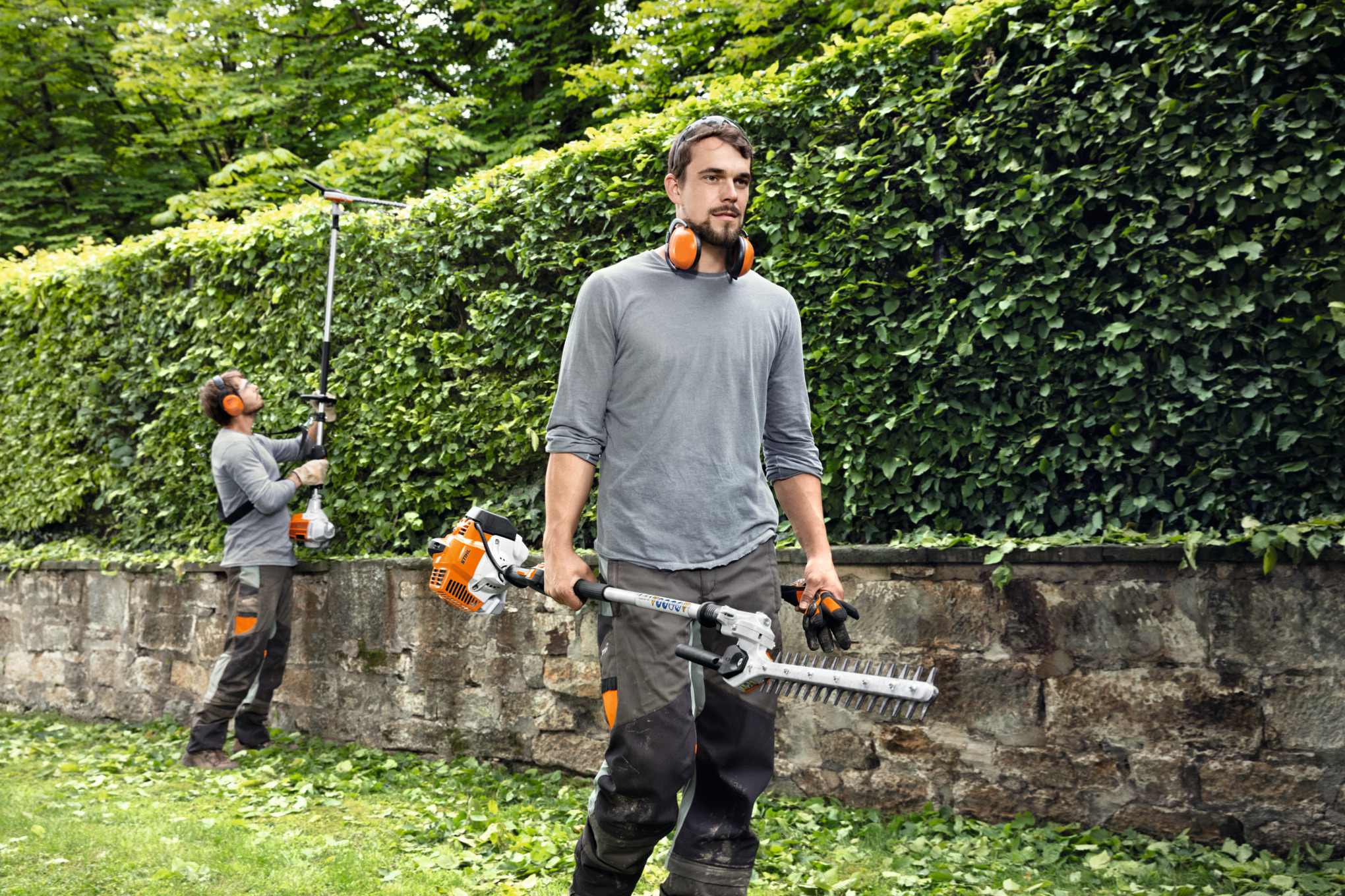 Zwei Männer schneiden mit STIHL Heckenscheren eine hohe Hecke in einem Garten