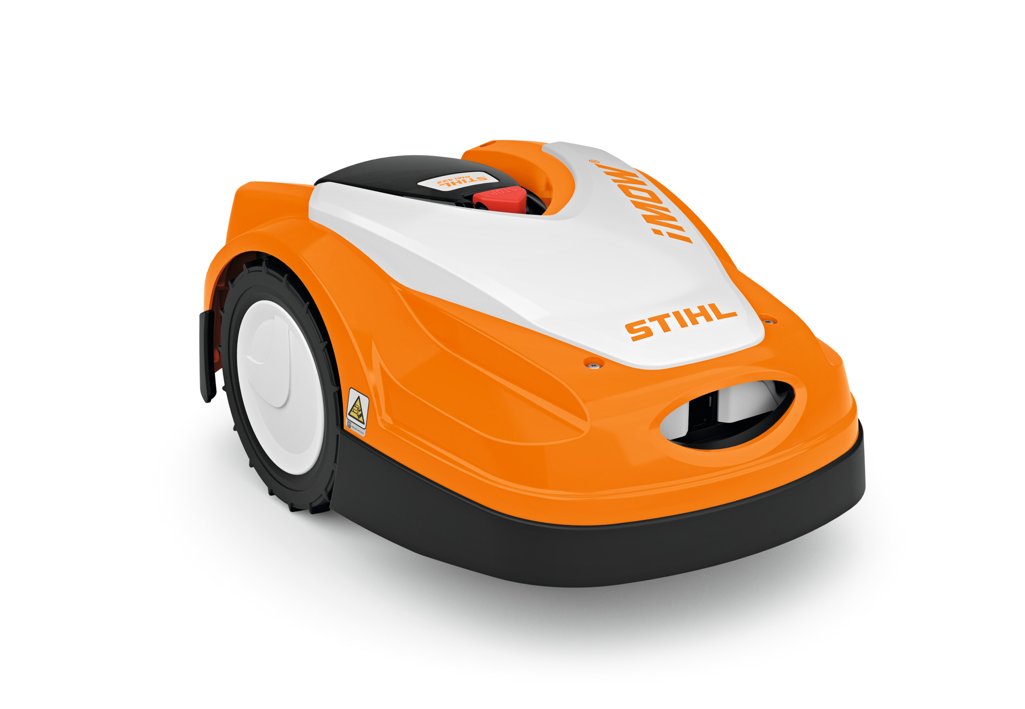 Stihl RMI 422 Mähroboter in Orange und Weiß auf weißem Hintergrund