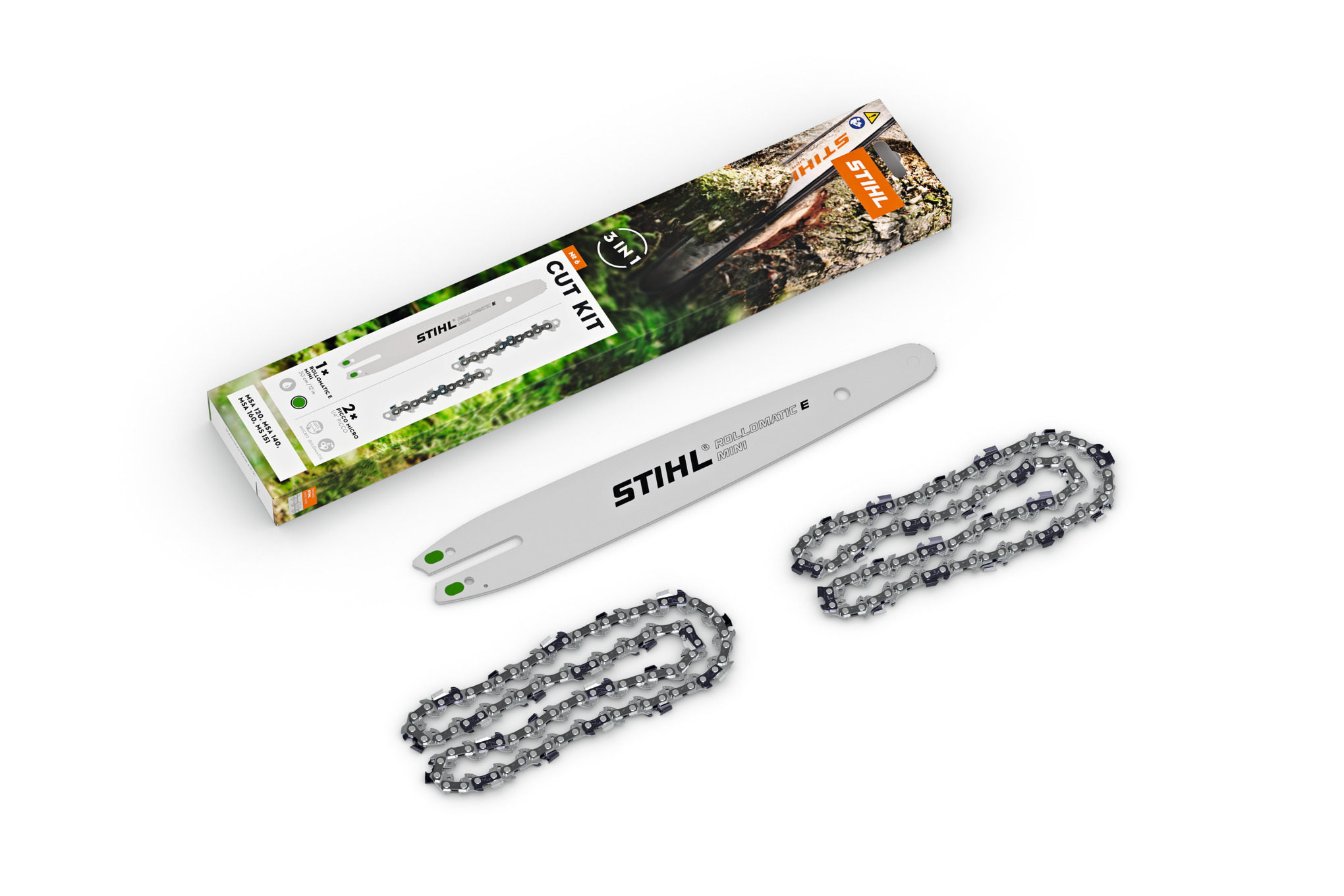 STIHL Cut Kit 6 mit Führungsschiene und Sägeketten auf weißem Hintergrund