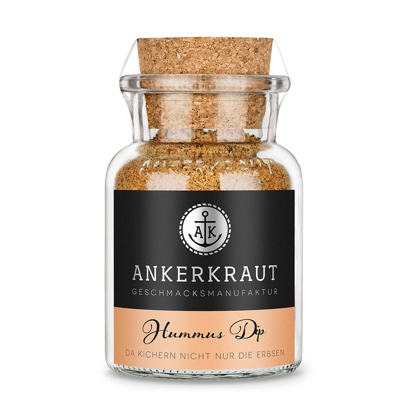 Glasbehälter mit Ankerkraut Hummus Dip Korkdeckel und schwarz-orange Etikett
