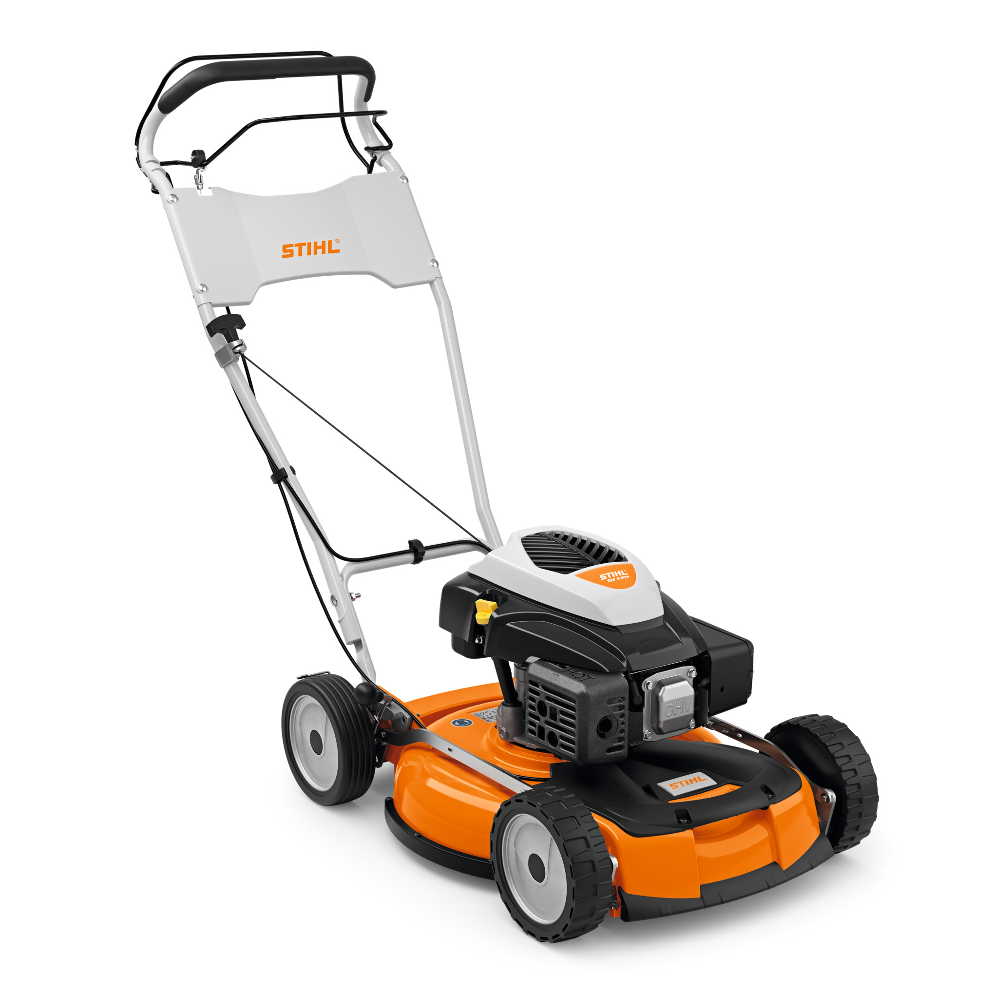 Stihl RM 4 RTP Rasenmäher in Orange und Weiß mit OHV-Motor und Mulchmesser