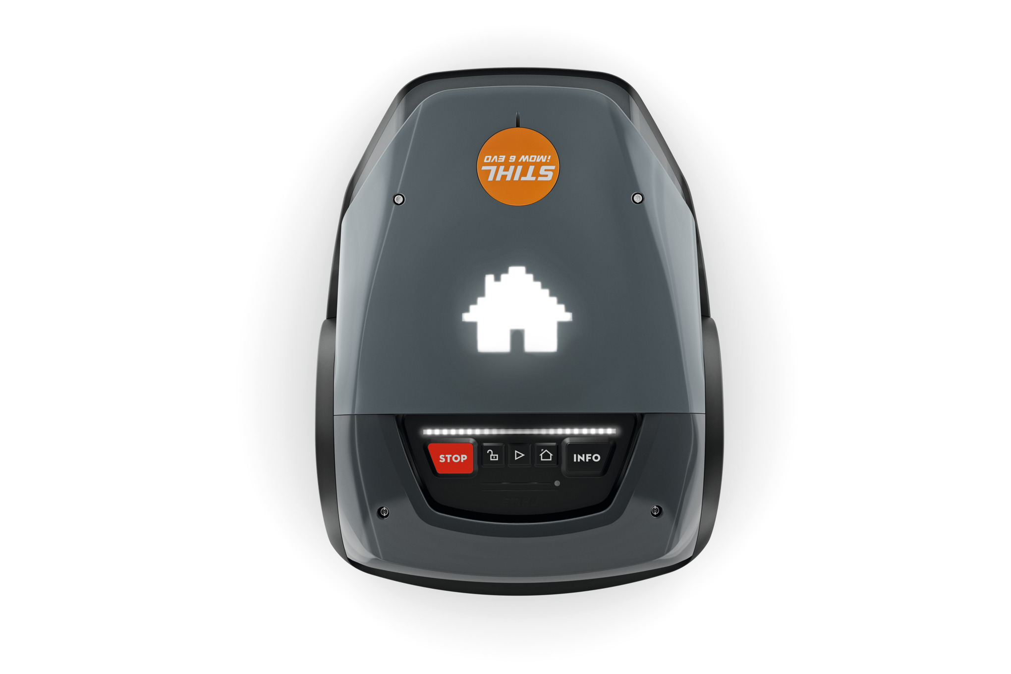STIHL iMOW 6 EVO Mähroboter in Nahaufnahme mit beleuchtetem Bedienfeld und Markenlogo
