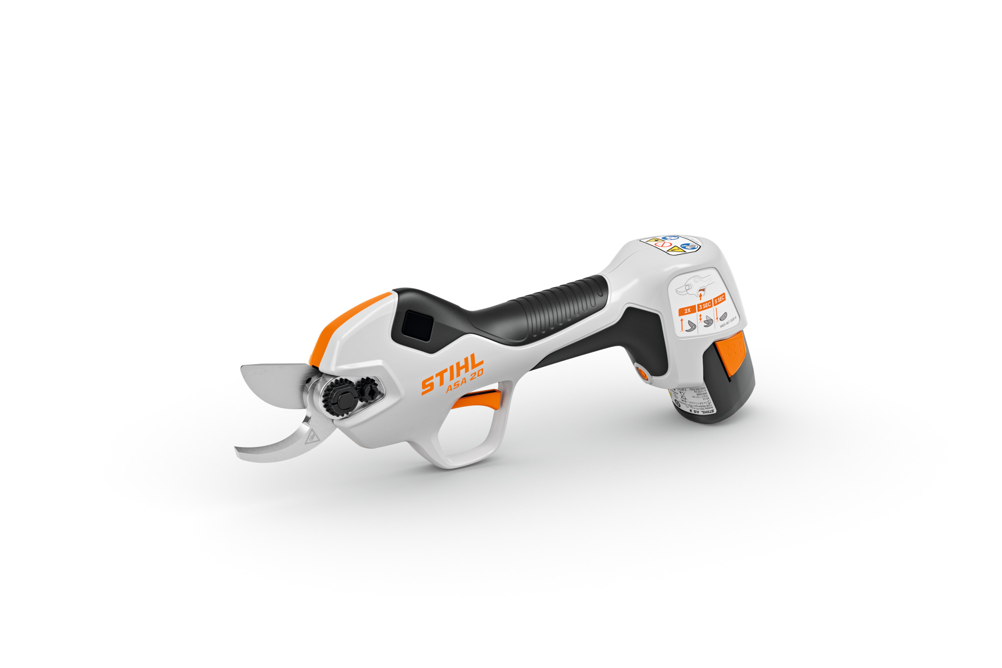 STIHL ASA 20 Akku-Astschere auf weißem Hintergrund mit OLED-Display und ergonomischem Griff