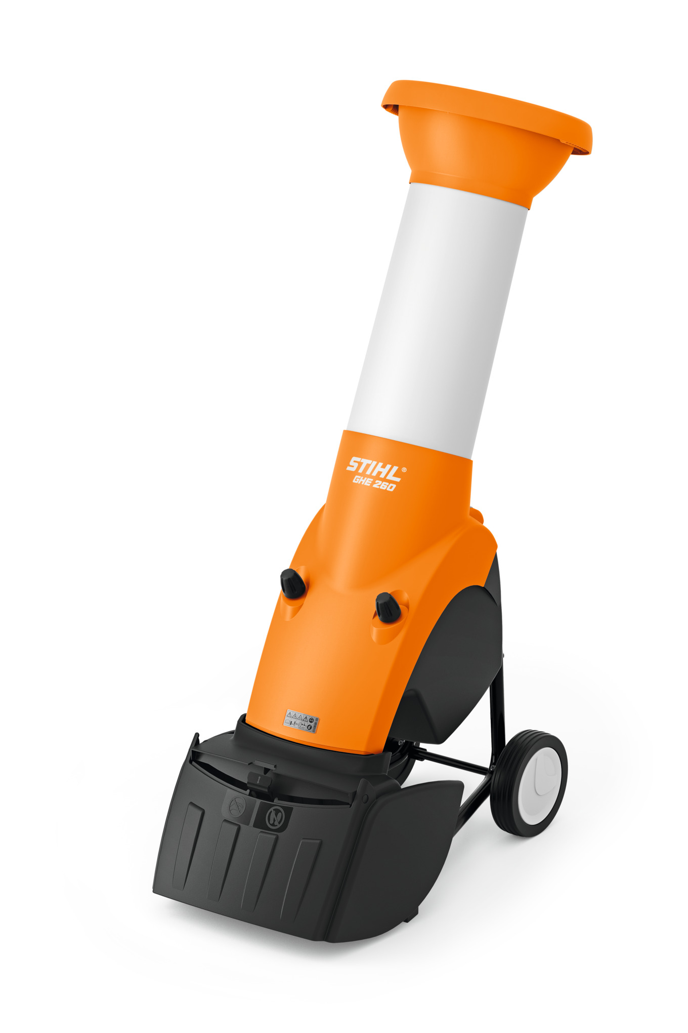 Stihl GHE 260 Gartenhäcksler in Orange und Weiß mit schrägem Trichter und Rädern