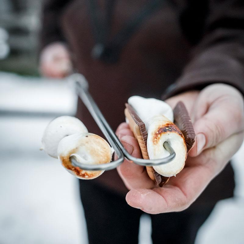 Person hält Petromax Lagerfeuer-Spieß mit Marshmallows und Schokoladenkeks-Sandwich