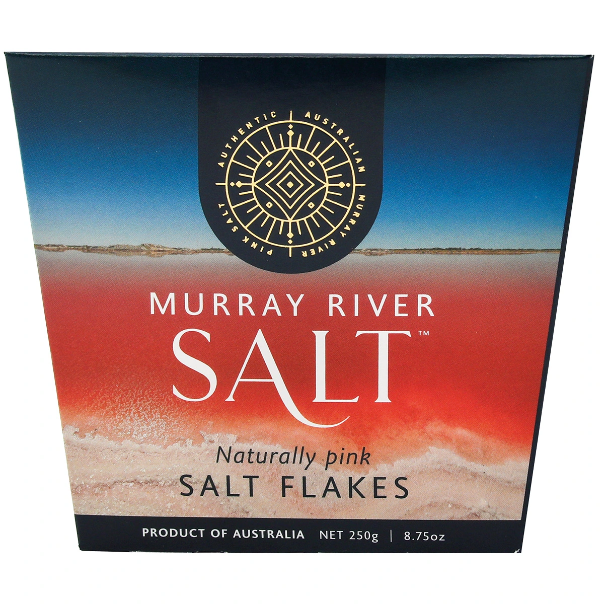 Verpackung von Murray River Salt mit Logo und rosa Salzflocken