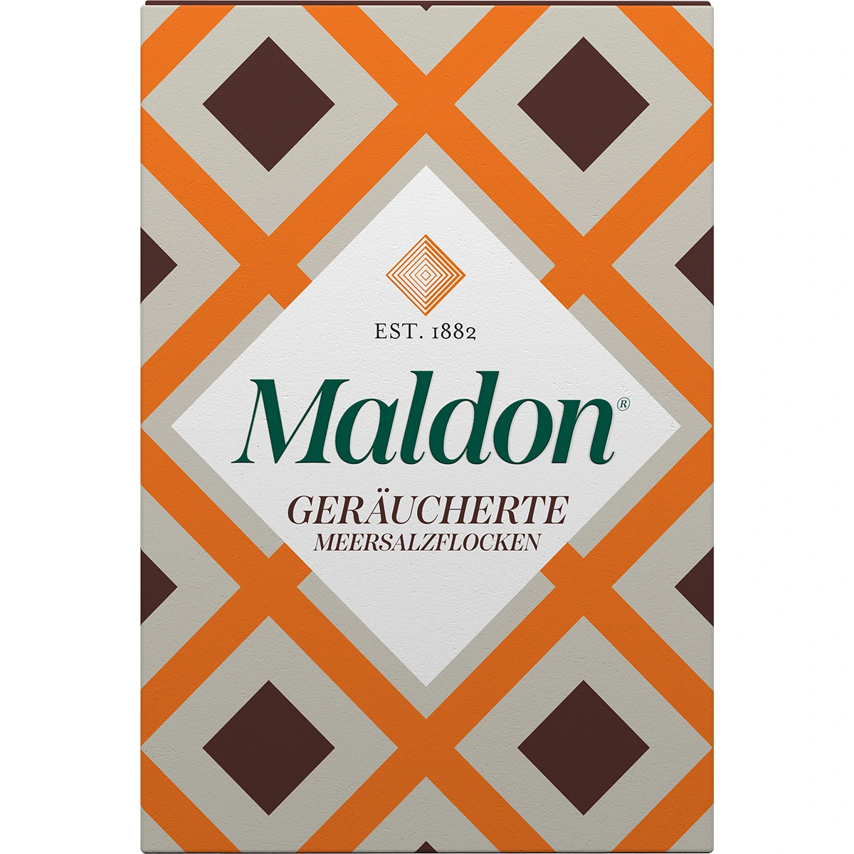 Verpackung von Maldon Smoked Sea Salt mit geometrischem Muster und Markenlogo