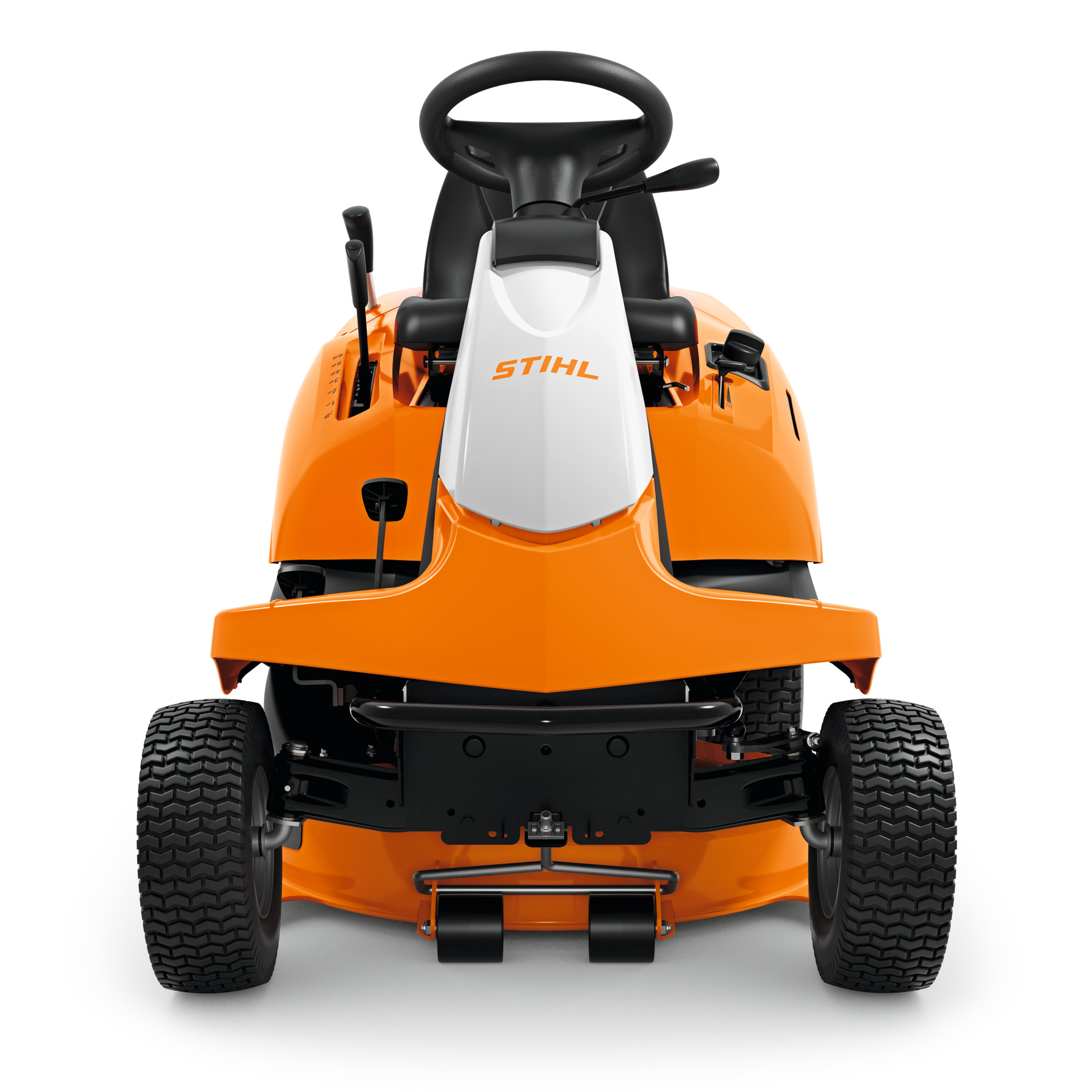 STIHL RT 4082 Aufsitzmäher in Orange und Weiß mit großem Grasfangkorb und komfortablem Sitz
