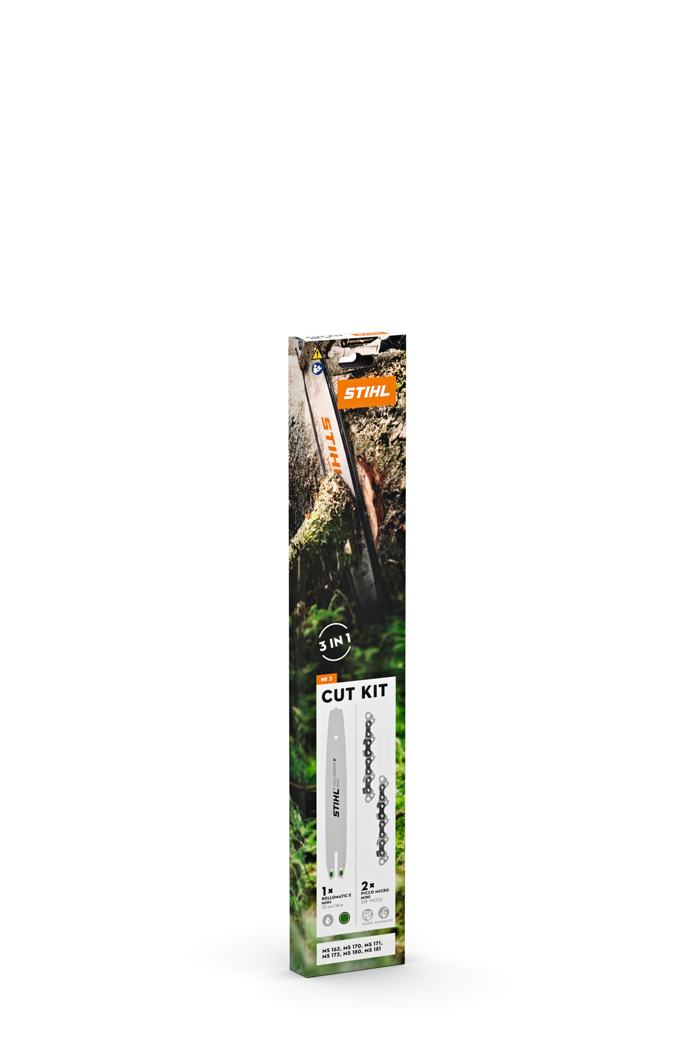 Verpackung von Stihl Cut Kit 3 mit Sägekette auf naturbelassenem Hintergrund