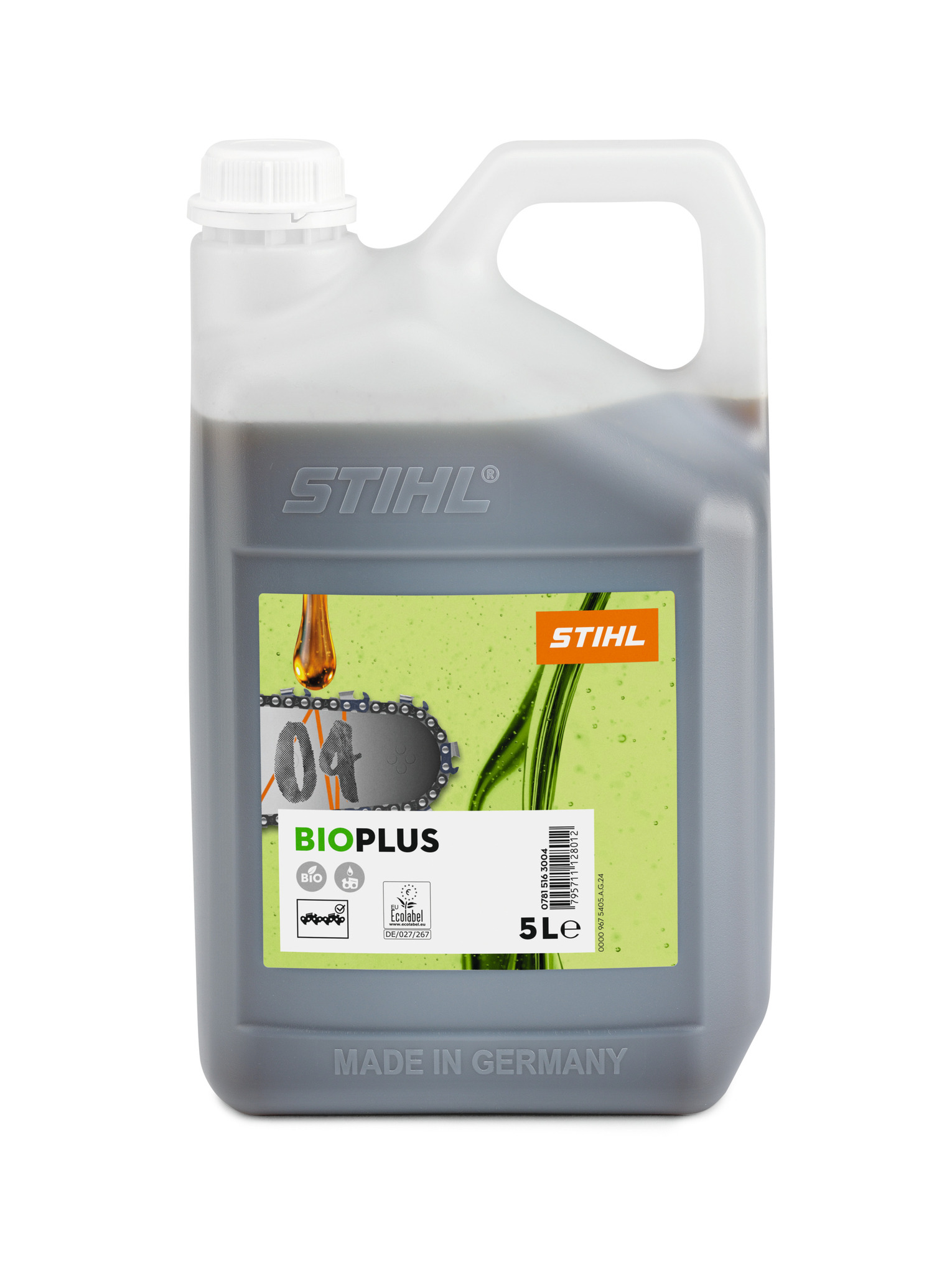 5-Liter-Kanister STIHL Sägekettenhaftöl BioPlus mit Umweltzeichen auf weißem Hintergrund