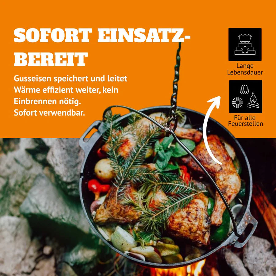 Petromax Feuertopf ft4.5 mit Hähnchen und Gemüse über offenem Feuer
