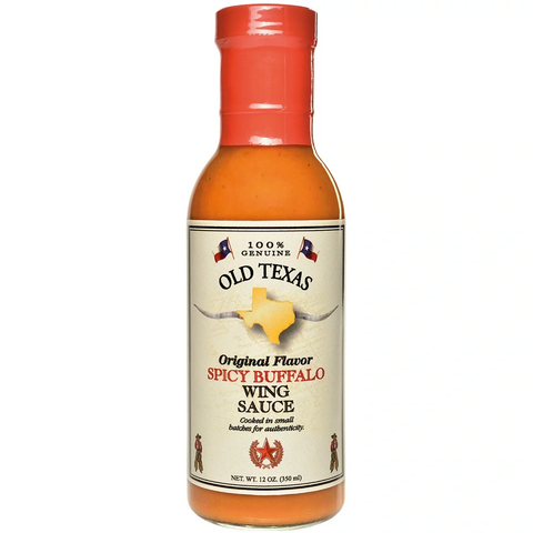 Flasche Old Texas Spicy Buffalo Wing Sauce mit klarem Etikett und sichtbarem Inhalt