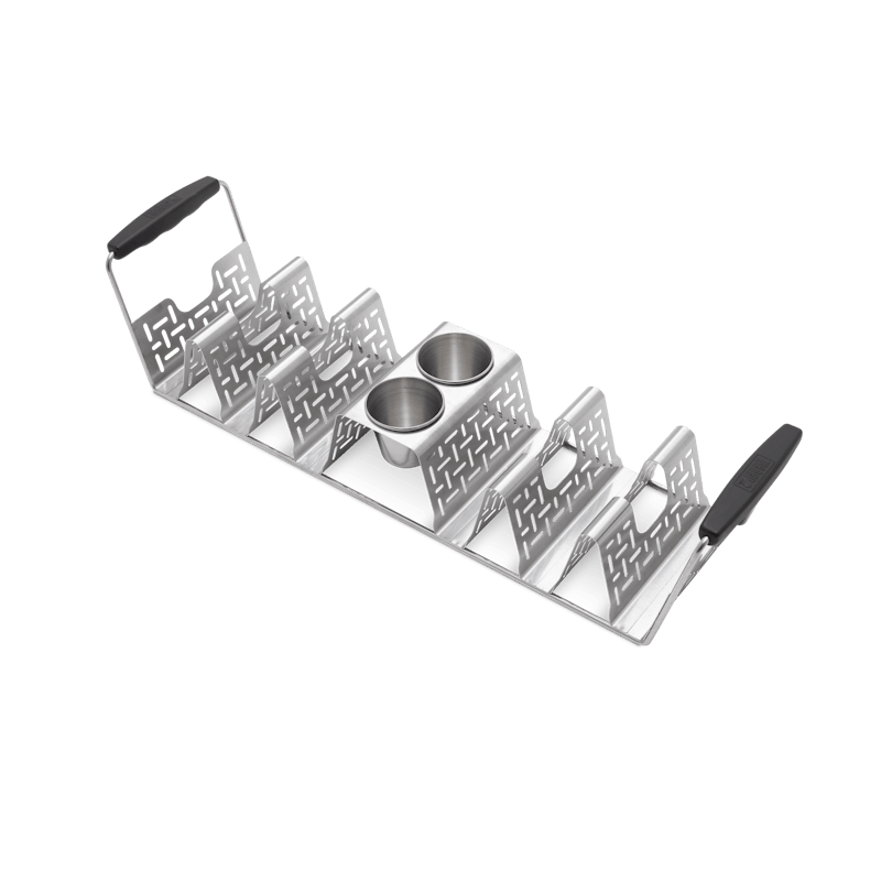 Edelstahl Weber Taco Rack mit Silikongriffen und integrierten Dipschalen