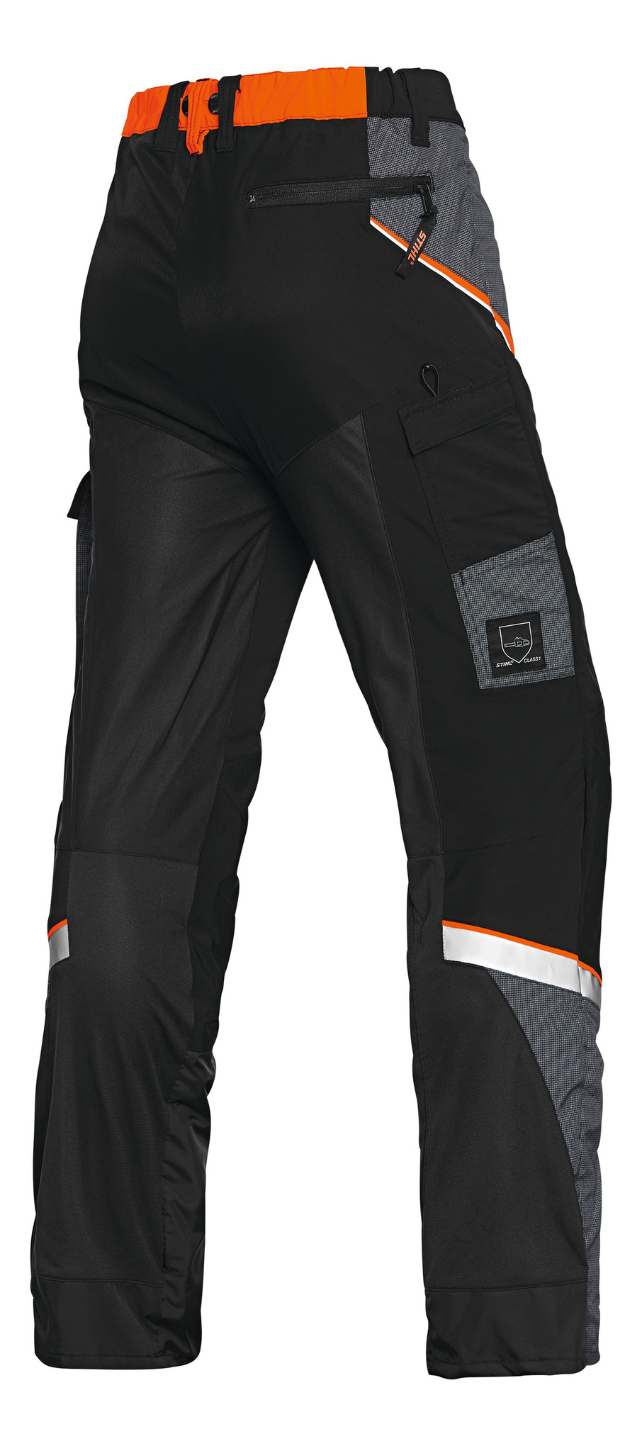 STIHL Bundhose ADVANCE X-Light in Schwarz mit orangefarbenen Details und reflektierenden Streifen