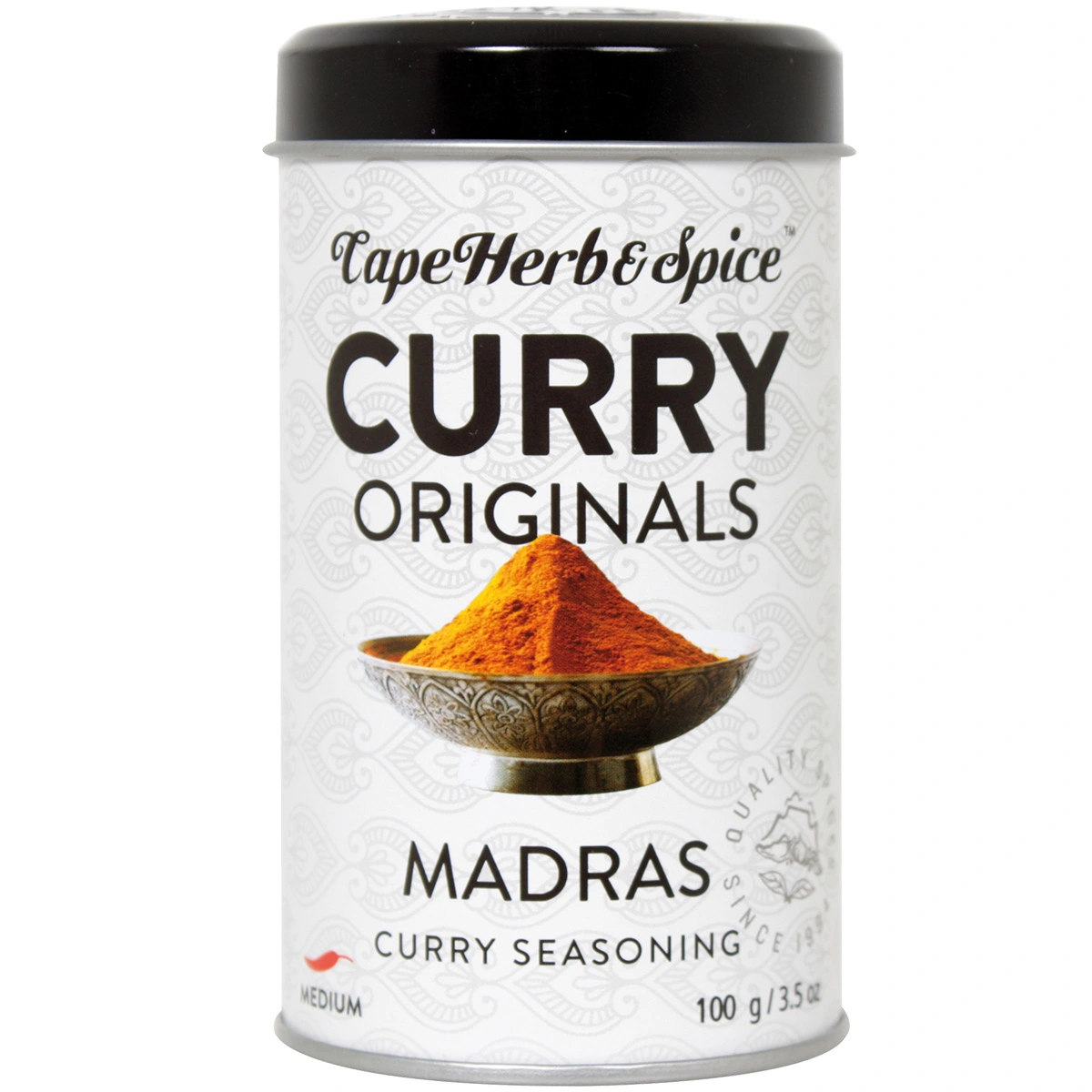 Cape Herb & Spice Curry Madras Gewürzdose neben einer Schale mit Currypulver