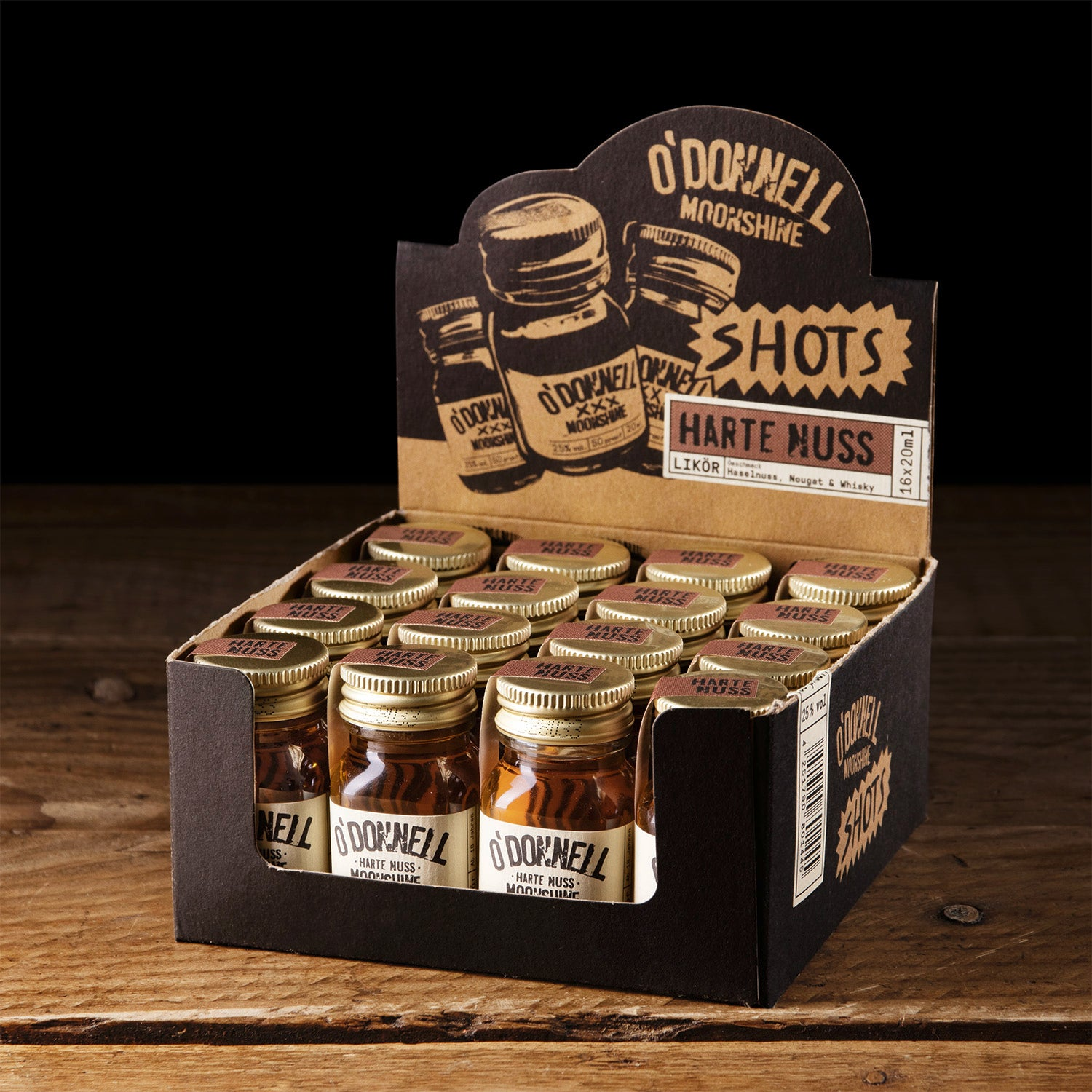O'Donnell Moonshine Shots in 'Harte Nuss' Geschmack in einer stilvollen Prohibitionsdesign-Verpackung