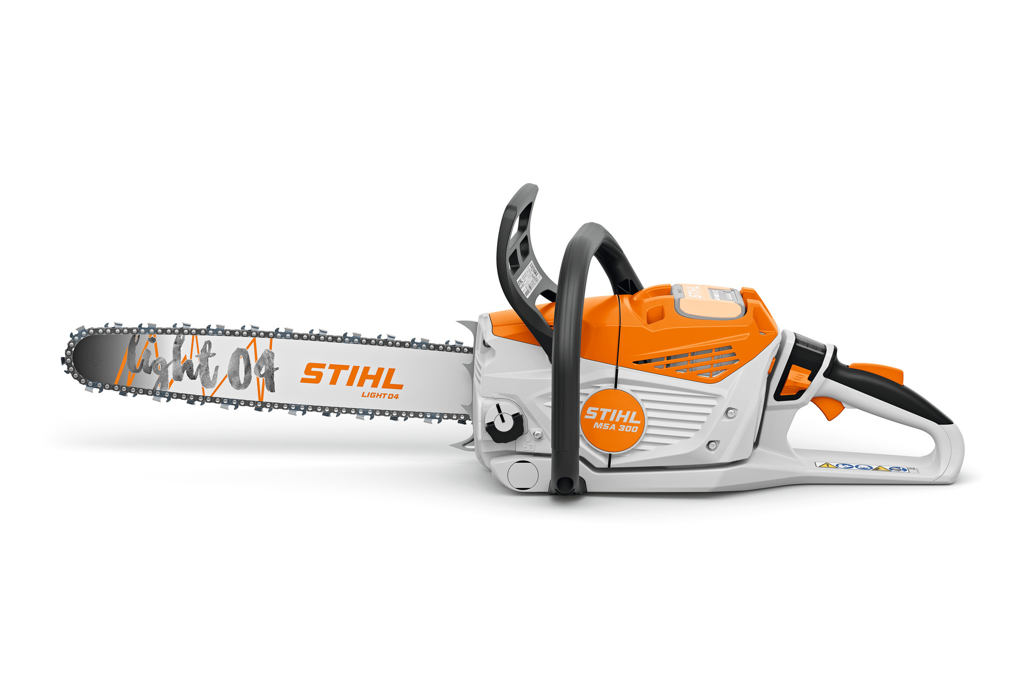STIHL MSA 300 Akku-Kettensäge auf weißem Hintergrund mit Markenlogo und Details