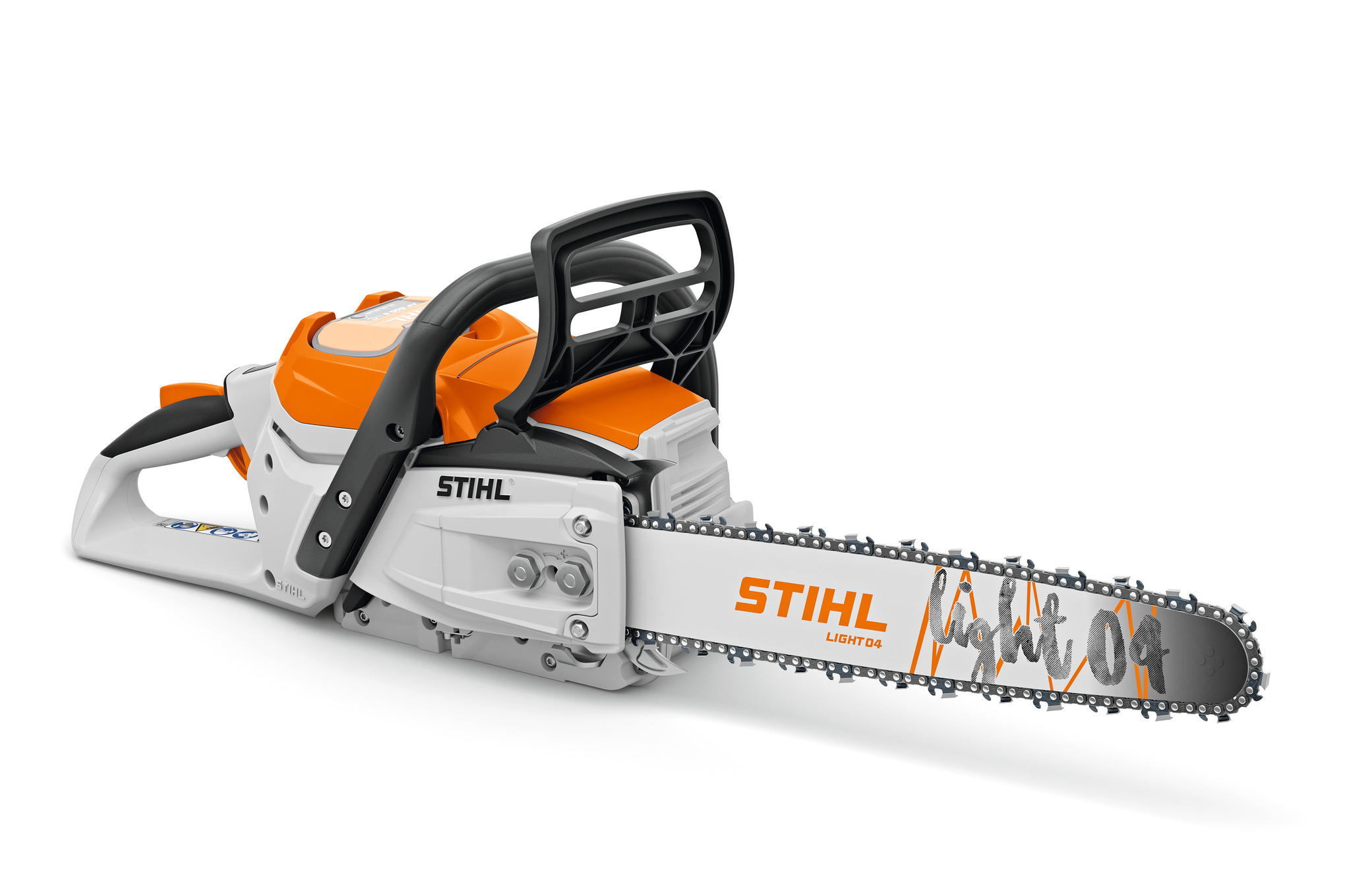 STIHL MSA 300 Akku-Kettensäge auf weißem Hintergrund mit RS Pro-Sägekette und Light 04-Führungsschiene