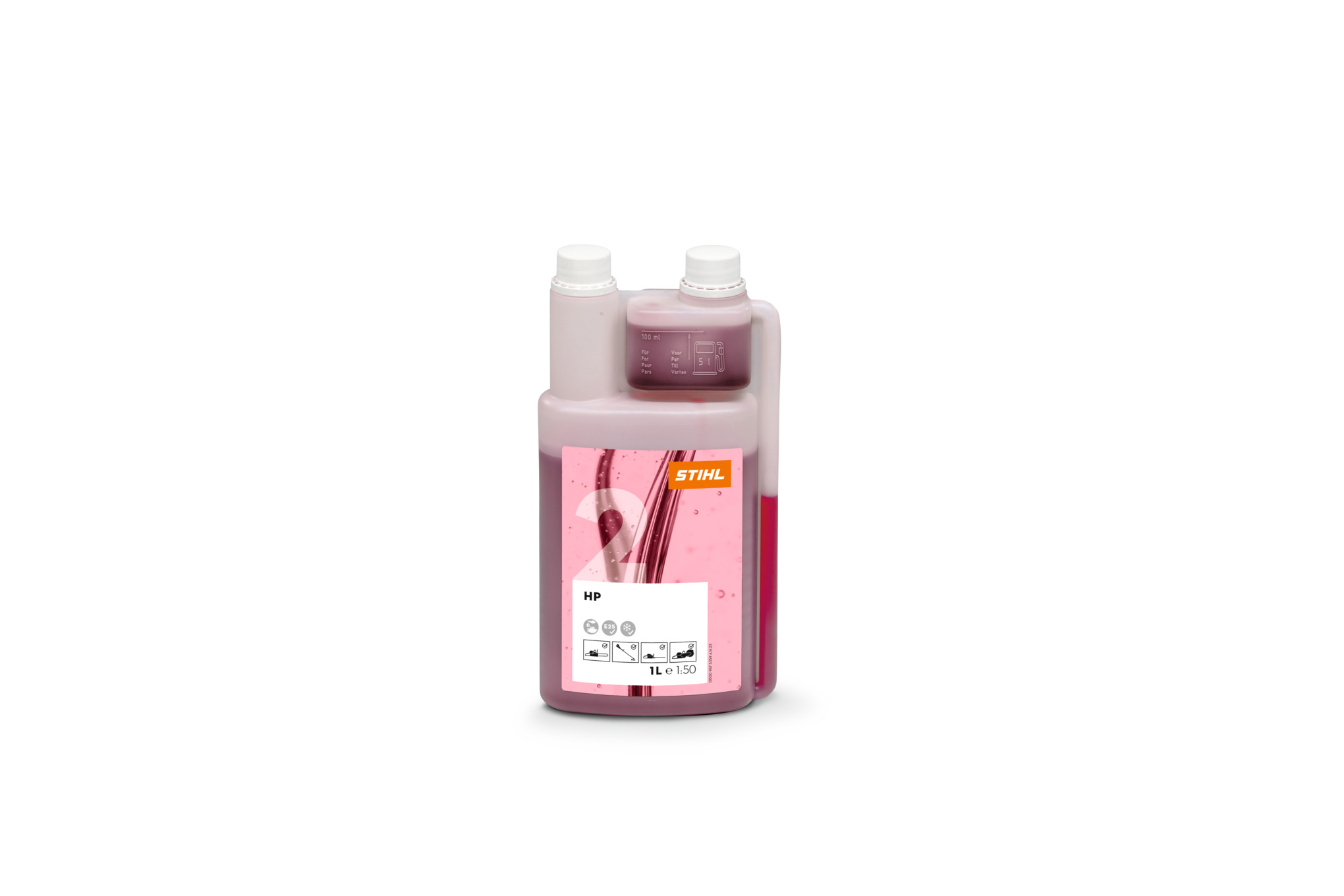 STIHL Zweitaktöl HP 100 ml Flasche auf hellem Hintergrund