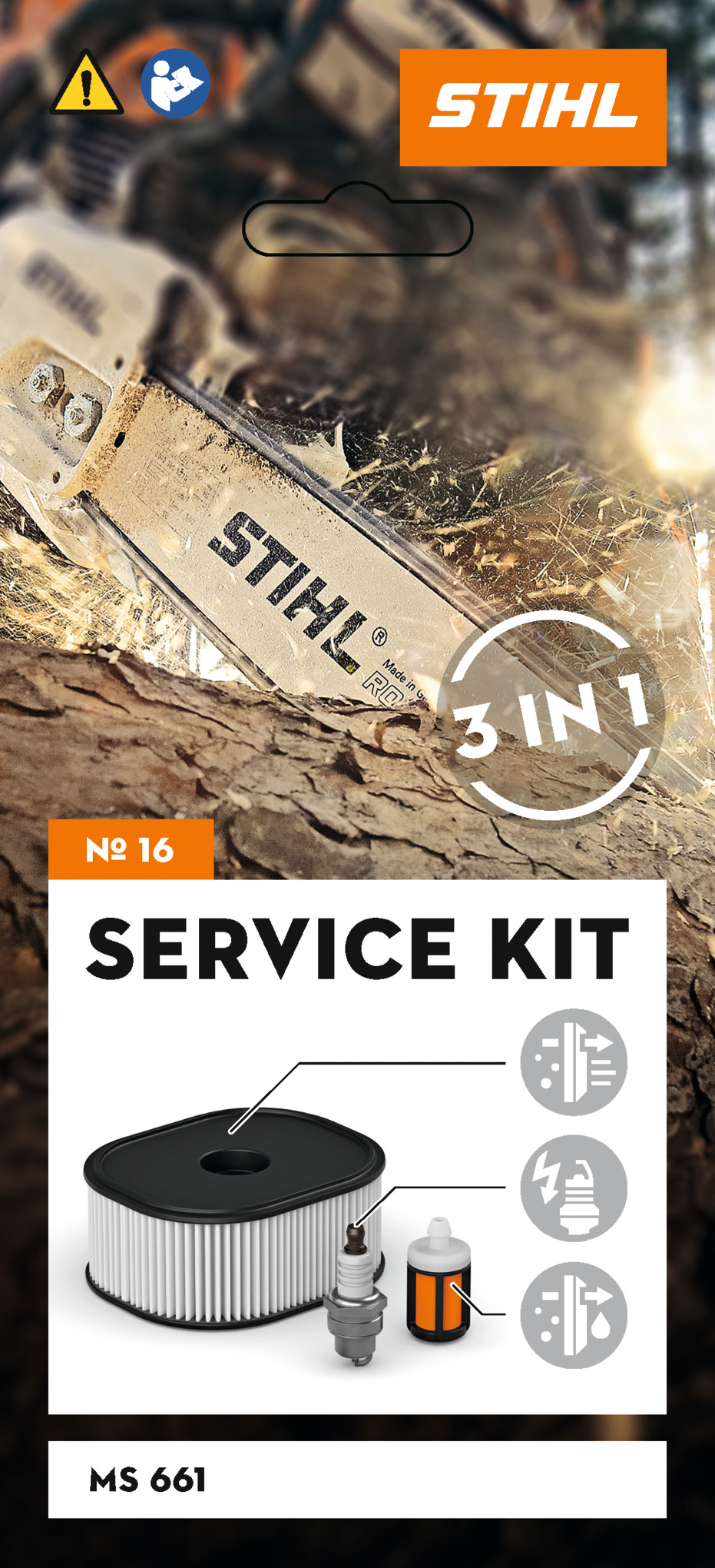 Werbegrafik für STIHL Service Kit 16 mit Motorsäge MS 661 und Bestandteilen wie Luftfilter und Zündkerze